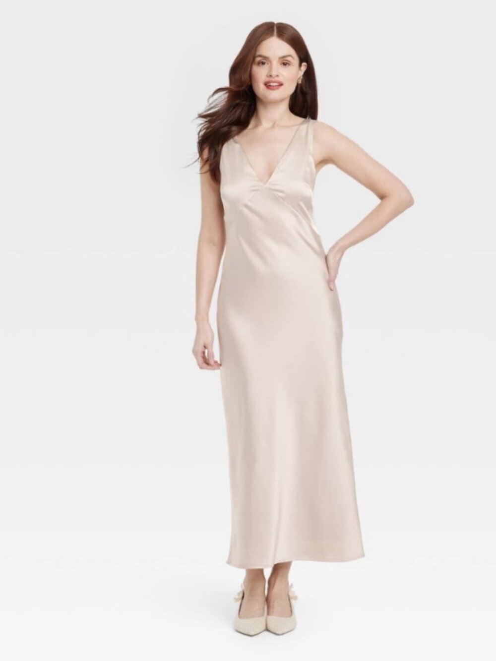 Women's Satin Slip Maxi Dress - a New Day™ Tan M: Deep V Neck, Sleeveless,